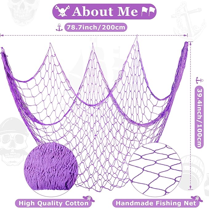 Shappy 2 Pcs Fish Net Decorative 80 x 40 Inch, Wall Hanging Fishnet for Mermaid, Pirate, Nautical, Under The Sea Party Decoration Ocean Themed Hawaii Beach Birthday Halloween Party Supplies(Purple)