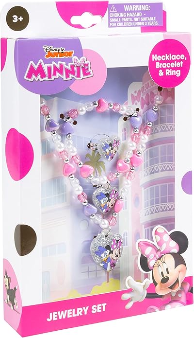 LUV HER Disney Minnie Girls Jewelry Set - Dress up Toy Jewelry Box Sets with Bead Necklace, Bead Bracelet and Ring - Play Accessories - Ages 3+