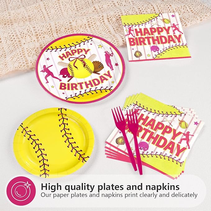 96Pcs Softball Birthday Party Supplies Sport Themed Plates and Napkins Pink Yellow Softball Disposable Paper Tableware Set for Girls Kids Teens Birthday Holiday Party Supplies Serves 24