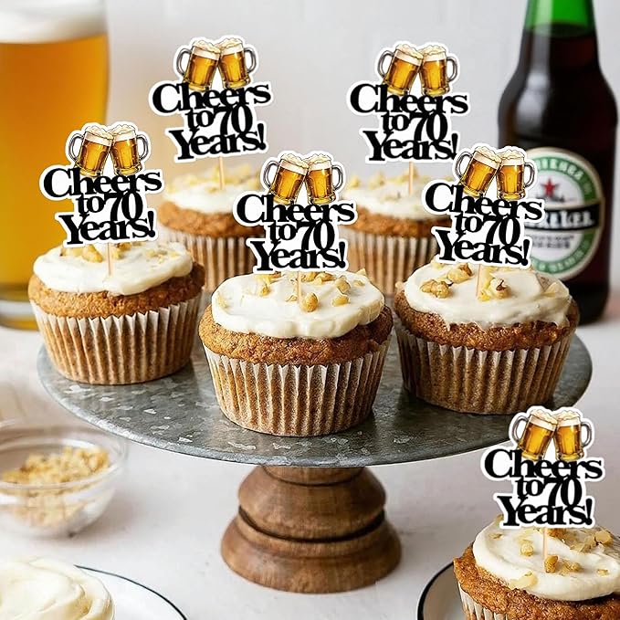Ercadio 28 PCS Beer Party Cupcake Toppers Cheers and Beers Happy Birthday Decor for Cheers to 70 Years Cake Topper Favor for Summer Family Party Decor Supplies
