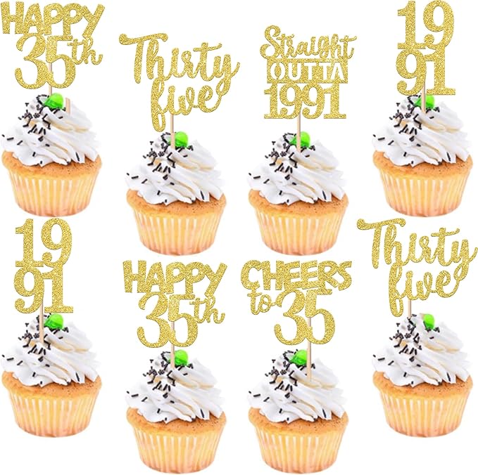 30PCS Straight Outta 1991 Cupcake Toppers Gold Glitter Thirty Five Happy 35th Birthday Cupcake Picks Cheers to 35 Years Cake Decorations for 35th Birthday Anniversary Party Decoration Supplies