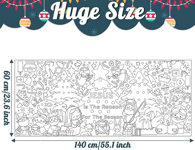 Dvbonike Jumbo Nativity Coloring Poster Giant Jesus Is The Reason For The Season Color-in Paper Poster DIY Blank Doodle Art Banner 55.1 x 23.6 in Decor, Sunday School Activity Party Supplies for Kids