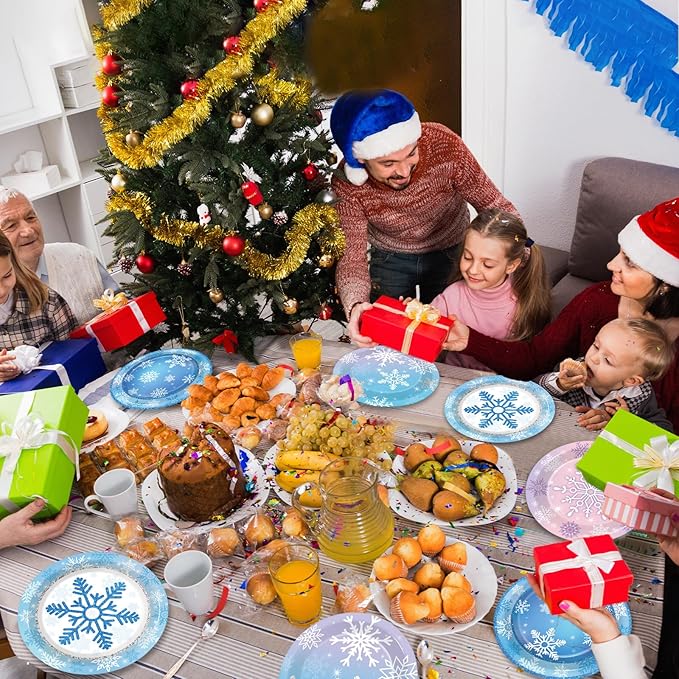 Wiooffen 80Pcs Winter Plates Snowflake Wonderland Party Tableware Decorations Winter Snowflake 7'' Paper Cake Dessert Dinner Plates for Christmas Xmas Holiday Party Supplies