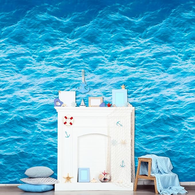 Irenare 1 Roll Ocean Waves Plastic Tablecloth 54 Inch X 100ft Ocean Table Cover Water Print Table Cover Sea Tablecloth Blue for Beach Pool Birthday Party Decoration Shower Supplies