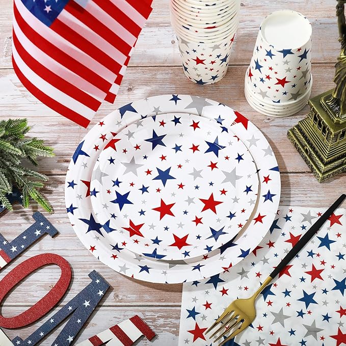 Whaline 96Pcs Patriotic Party Tableware Set with Paper Plates Napkins Cups Red Blue Silver Stars Independence Day Disposable Dinnerware Set for 4th of July Veterans Day Memorial Day Party Table Decor