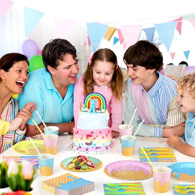 450 Pcs Ice Cream Tableware Set Decorations Summer Ice Cream Cone Paper Plates Napkins Cups Cutlery Straws for Sweet One Birthday Baby Shower Party Supplies, Serves 50