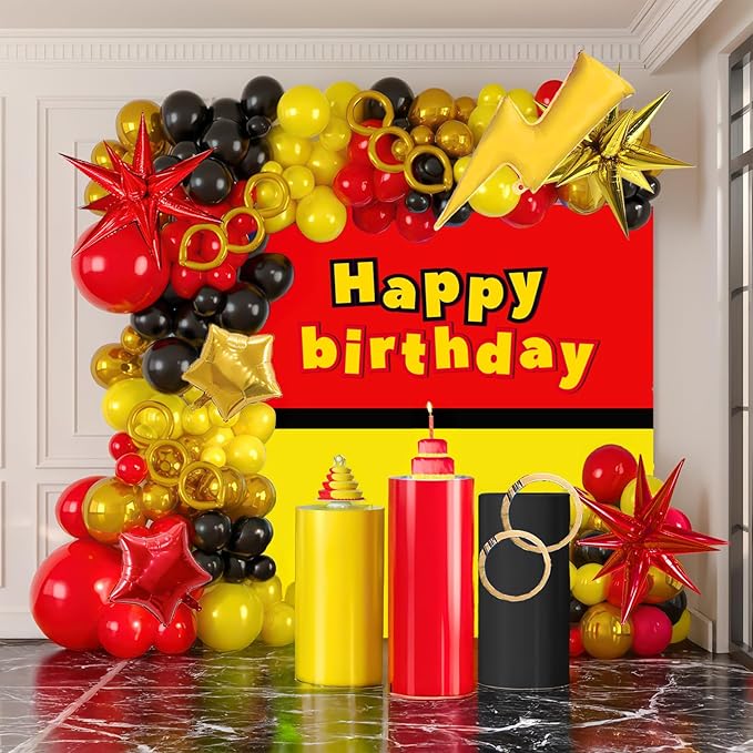 Red Black Yellow Balloon Garland Arch Kit - with Gold lightning Star foil balloons for kids cartoon Super Hero birthday Hedgehog fast go Carnival Circus Themed party decorations (Red Black Yellow)