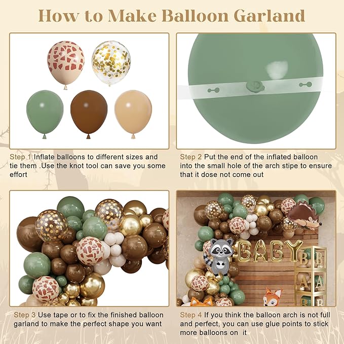 Amandir 137pcs Woodland Animals Baby Shower Decoration Boxes Sage Green Brown Balloon Garland Arch Kit Woodland Themed Animal Foil Balloons for Neutral Forest Jungle Safari Party Supplies