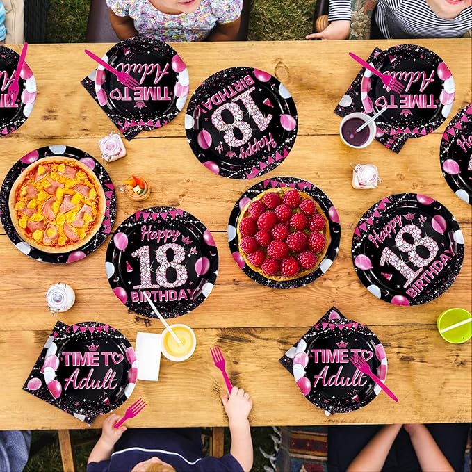96Pcs 18th Birthday Party Supplies Black and Hot Pink Plates Forks and Napkins Diamond Sweet Theme Disposable Paper Tableware Set for Girls 18 Year Old Birthday Party Supplies Serves 24
