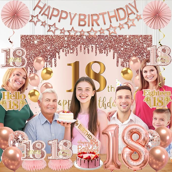 18th Birthday Decorations for Girls, Pink Rose Gold Happy 18 years old Birthday Banner Backdrop Balloons Sash Table Cake Topper Honeycomb Centerpieces Hanging Swirls Paper Fans Party Supplies