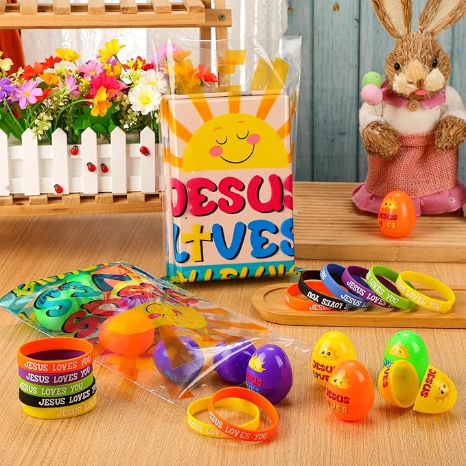 108 Pcs Easter Religious Party Favor Easter Eggs Fillers Christian Goody Bags Jesus Loves You Wristbands Party Supplies for Gift Church (Jesus Lives)