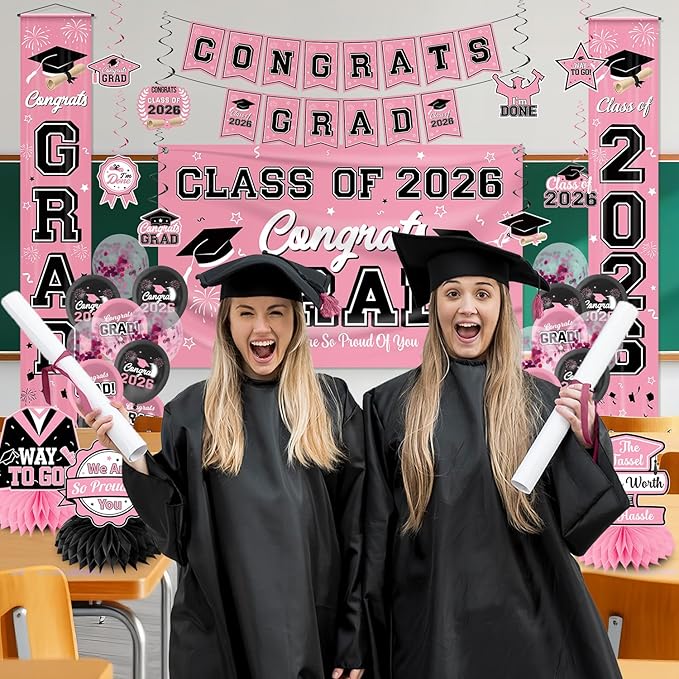 Graduation Decorations Class of 2026 Pink Graduation Party Decor Set include Congrats Grad Banner Backdrop Class of 2026 Balloons Party Supplies