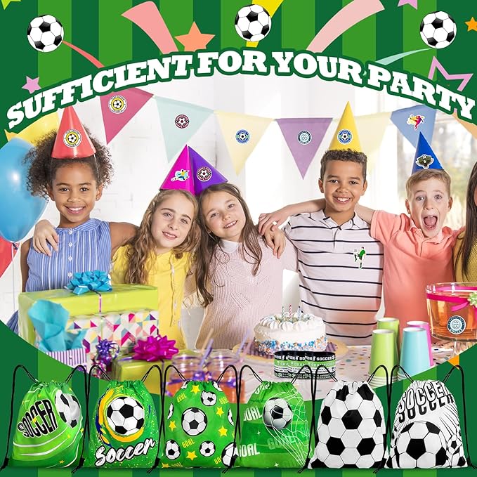 110Pcs Soccer Party Favors Drawstring Bags Soccer Goodie Bag with Mini Ball, Wristband, Slap bracelets, Keychains, Stickers for Soccer Party Supplies