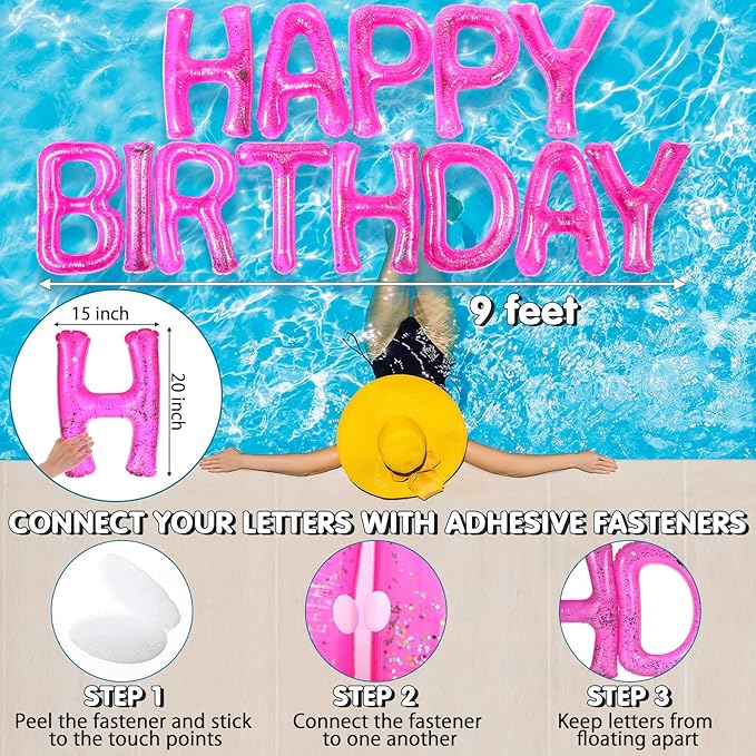 Shappy 20'' Happy Birthday Pool Large Floating Letter Balloons with Adhesive Dots Inflatable Pool Decorations for Summer Birthday Party