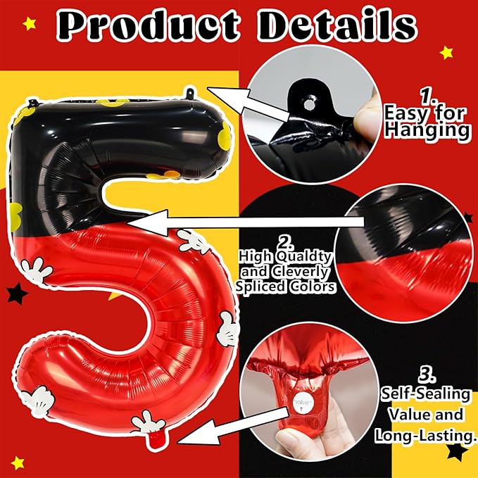YIIHMEI Cartoon Mouse Balloons Birthday Decorations Party Supplies Boy Red And Black Foil Balloon Banner 40inch Number 5