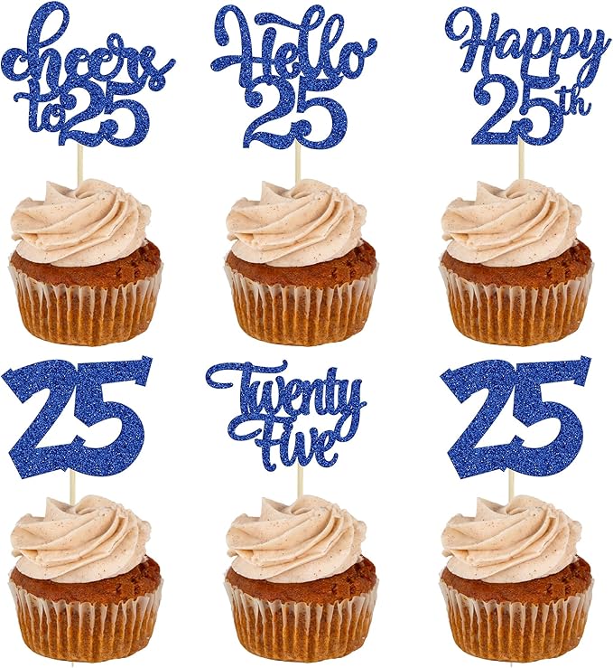 30pcs 25th Birthday Cupcake Toppers - 25th Anniversary Cheers to 25 Years Old Cake Decorations - Deep Blue Glitter