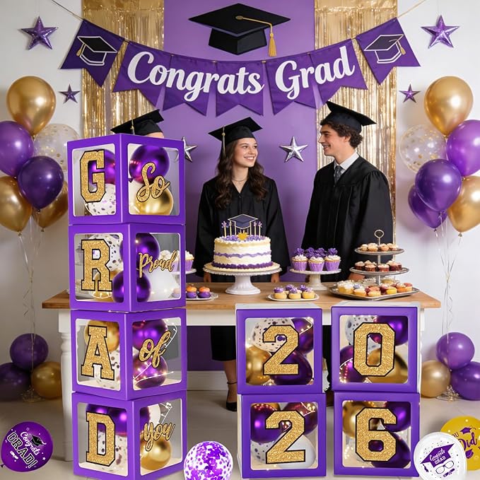 Purple and Gold Graduation Decorations 2026, Graduation Decorations Set of 4 Balloons Boxes with Letters 2026 GRAD So Proud of You, Congrats Grad Decorations for High School & College