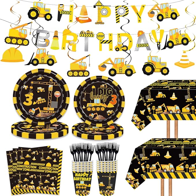 132 Pcs Construction 3rd Birthday Party Supplies Dump Truck Theme Three Tableware Includes Hanging Swirl, Banner, Plates, Cups, Tablecloth for Boys Construction Three Years Old Bday Party Decorations