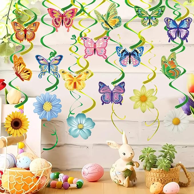 33pcs Spring Hanging Decorations for Home, Flower Butterfly Hanging Swirl Streamers for Spring Summer Easter Flower Butterfly Themed Birthday Party Classroom Decorations