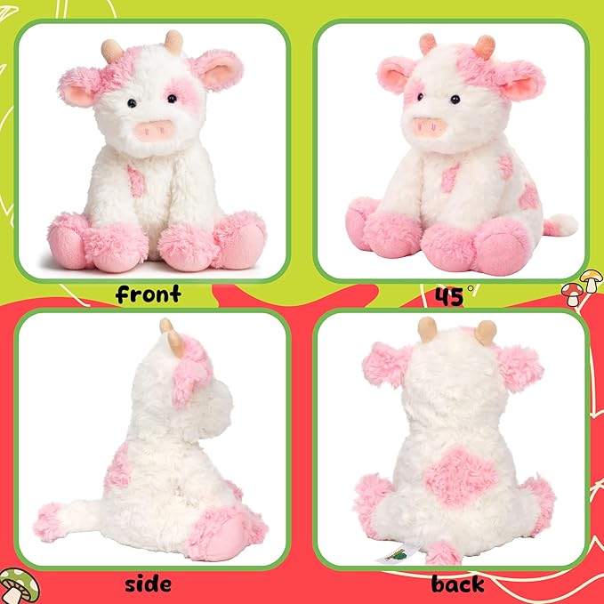 Hopearl Adorable Plush Cow Toy Floppy Dairy Cattle Soft Stuffed Animal Cute Birthday Gifts for Boys Girls Kids Toddlers, Pink, 9''