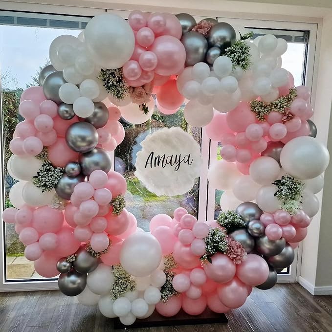 Pink and Silver Balloons, 12 Inch Hot Pink Pastel Latex Balloon Metallic Chrome Silver Helium Balloons for Girls Women Bridal Birthday Baby Shower Party Decorations