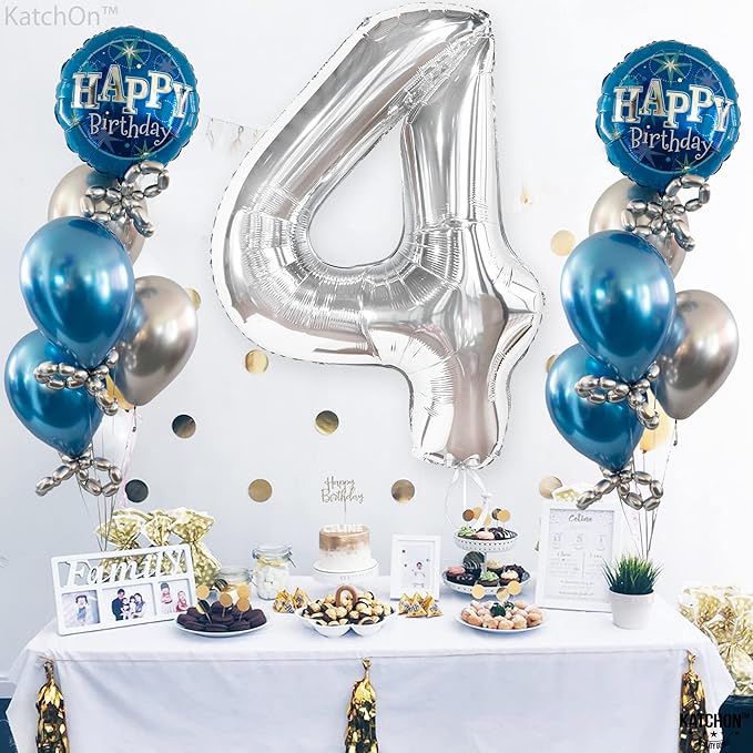 KatchOn, Big Silver Number 4 Balloons - 40 Inch | Silver 4 Balloon Number, 4 Year Old Birthday Decorations | Silver Number Balloons | 4 Number Balloons