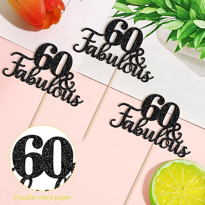 12 PCS 60 and Fabulous Centerpiece Sticks Double Sided Happy 60th Birthday Table Flower Centerpieces Sticks Cheers to 60 Floral Decorations for 60th Birthday Anniversary Party Supplies Black