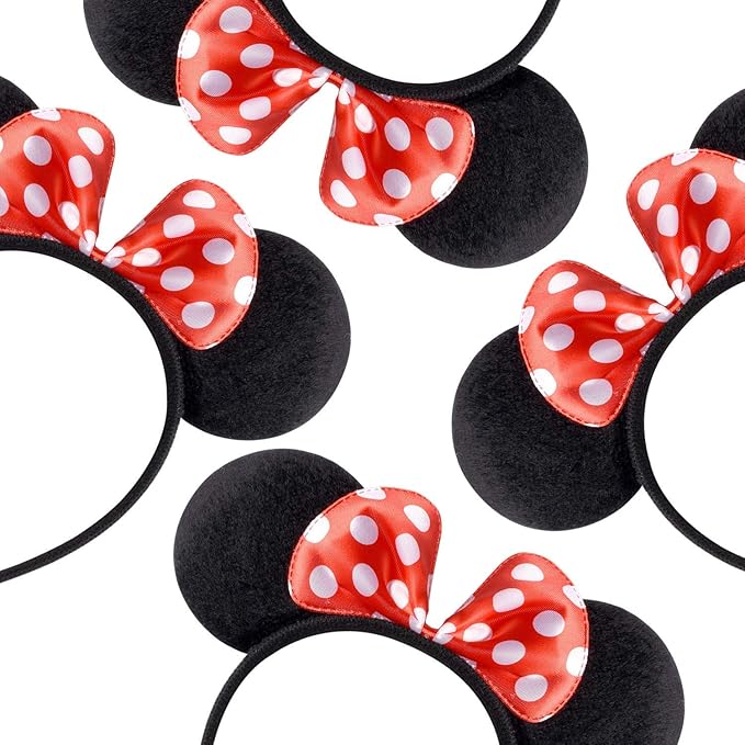 24 Pcs Mouse Costume Deluxe Fabric Ears Headband White Polka Dots Bow Party Headwear Decorations