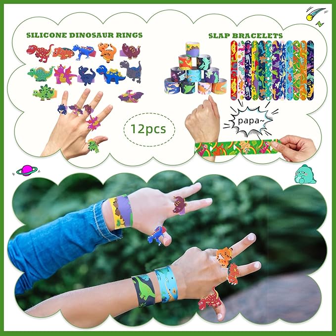 144 Pcs Dinosaur Party Favors for 12 Kids - Dino Birthday Party Supplies Include Bubble Wands, Hatching Eggs, Art Kit, Silicone Rings, Bracelets, Stickers