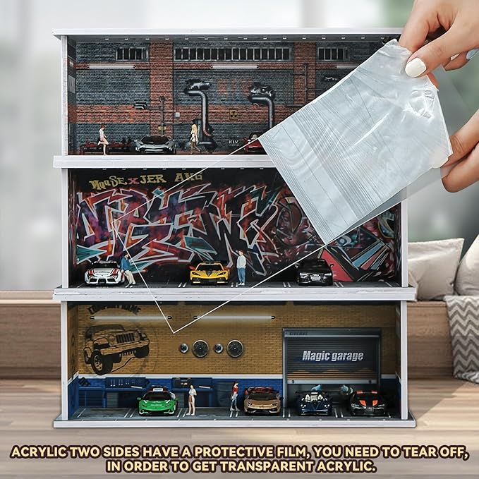 1:64 Scale Car Model Display Case for Hot Wheels,Matchbox Cars,Parking lot with Lights(Repair Store Scene Contains 6 Parking Spaces)