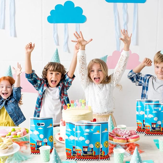 3sscha 50Pcs Train Party Favor Bags Transportation Themed Waterproof Goodie Bag with Die Cut Handles Railway Traffic Glossy Plastic Candy Gift Pack for Kids Birthday Baby Shower Decoration Supplies