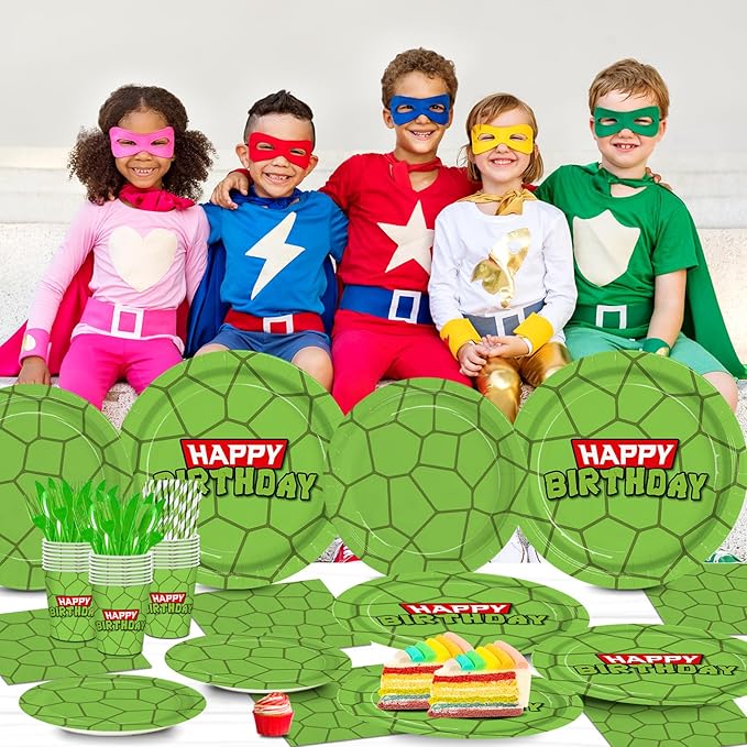 192pcs Turtle Birthday Party Supplies Turtle Plates Napkins Disposable Paper Cups Straws Cartoon Theme Party Decorations Tableware Set for Boys Kids Birthday Serves 24