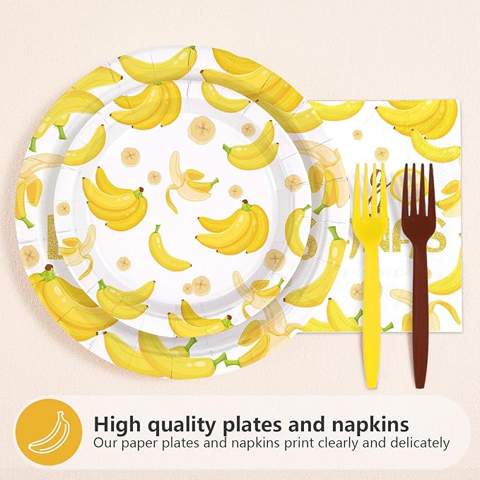 96PCS Yellow Banana Party Supplies Gold Glitter Fruit Plates And Napkins Let's Go Bananas Dessert Plates for Fruit Birthday Baby Shower Party Decorations Serves 24