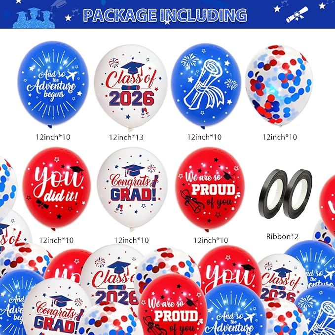75Pcs Red and Blue Graduation Balloons Decorations Class of 2026 Graduation Party Supplies with Grad Balloon Ribbons for Grad Party Decoration