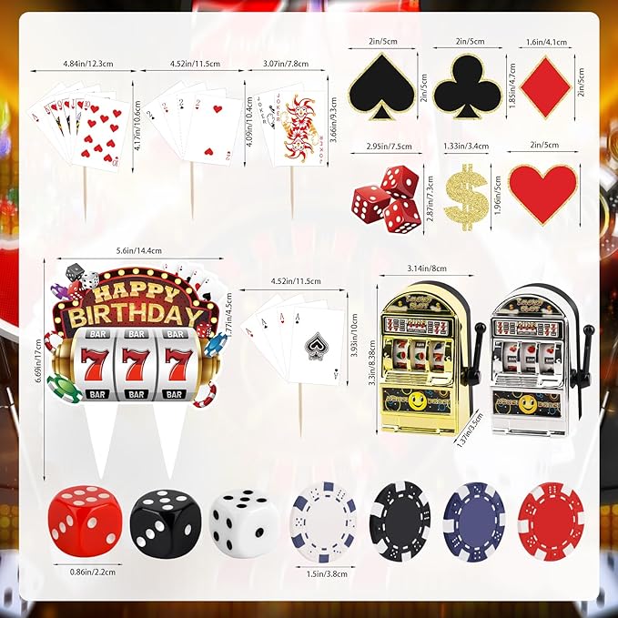 Hooqict 24 Pieces Casino Cake Decorations Set with Mini Toy Slot Machine Poker Casino Cake Toppers & Cupcake Toppers for Las Vegas Casino Night Theme Birthday Party Decorations