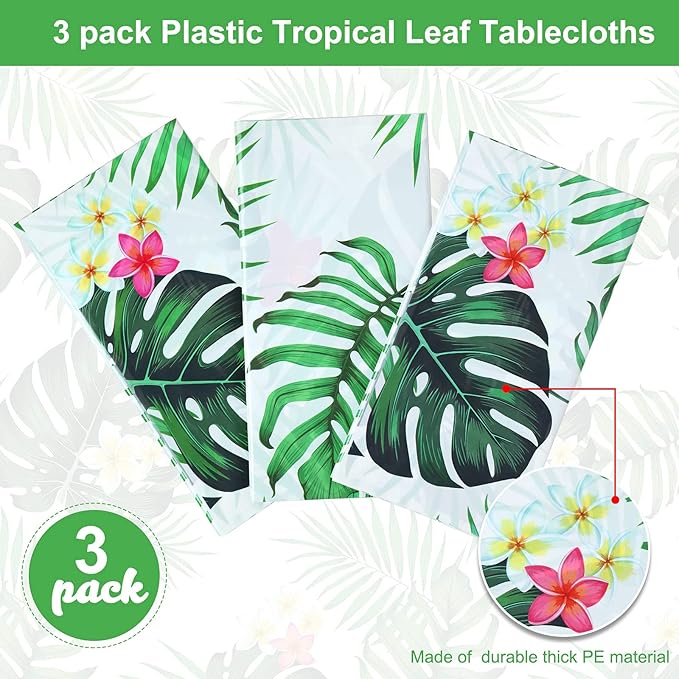 Tatuo 3 Pieces Hawaiian Luau Party Tablecloth Palm Leaves Table Cloth 54 x 108 Inches Plastic Disposable Table Decorations for Summer Pool Beach Cocktail Aloha Safari Jungle Party Supplies