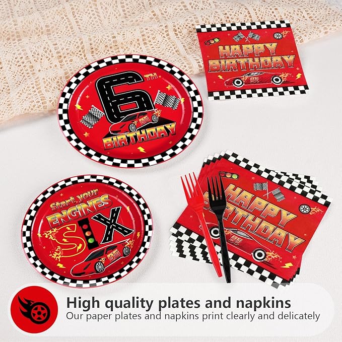 Grencian 96Pcs Race Car 6th Birthday Party Decorations Hot Car Checkered Plates and Napkins Racing Themed Disposable Tableware Set for 6 years old Boys Transportation Birthday Party Serve 24