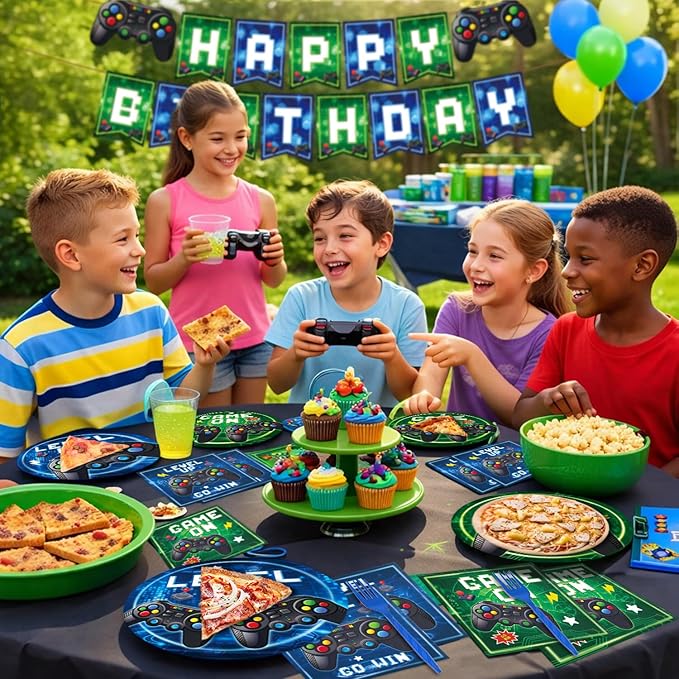 96 Pcs Video Game Plates and Napkins Tableware Set (Serve 24), Video Game Birthday Party Decorations, Party Supplies Include Plates Napkins Plastic Forks for Party
