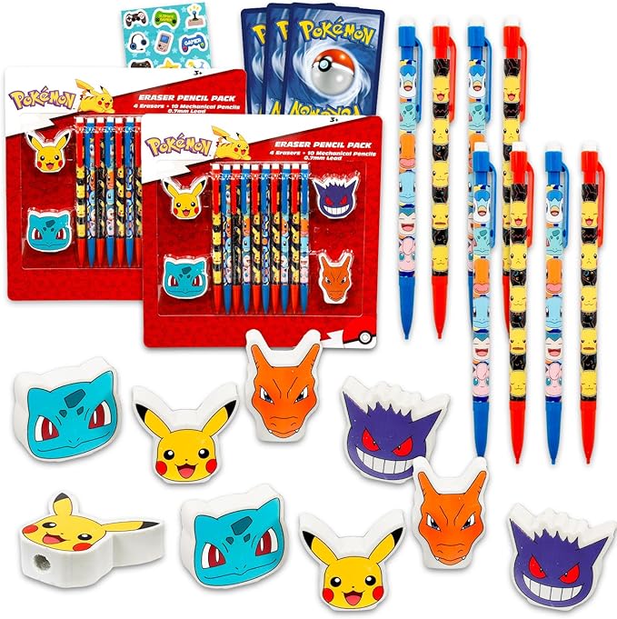 Pokemon Mechanical Pencils and Erasers Party Favors Bulk - 20 Pencils, 8 Erasers, Stickers Plus More | Pokemon Party Supplies for Kids, Boys, Girls