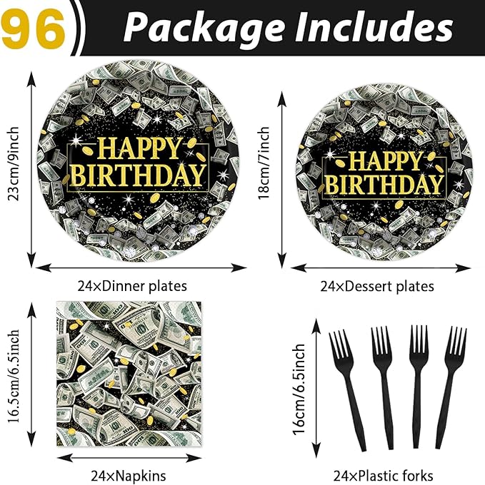 gisgfim 96PCS Money Birthday Party Supplies Paper Plates Napkins Money Decorations Tableware Set Disposable Hundred Dollar Bills Birthday Party Decorations Favors for Adults Serves 24