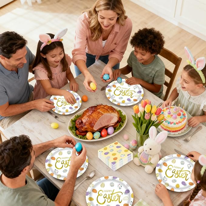 50pcs Easter Paper Plates &Napkins, Disposable 7IN Easter Plates Egg Dinner Napkins Double-sided Paper Party Supplies for Happy Easter Spring Baby Shower Birthday Dinner Decorations Serve 25