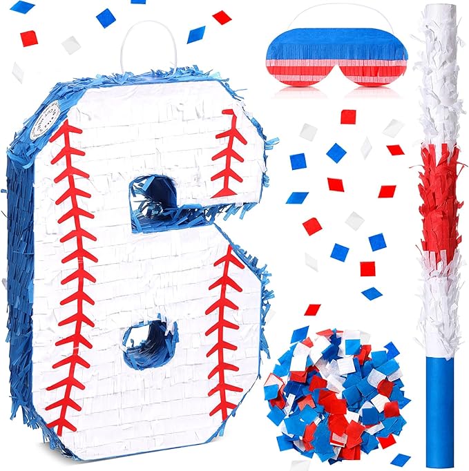 HyDren Baseball Piñata Baseball Party Decorations Number Piñata with Bat, Blindfold and Confetti, 16 Inch Sports Themed Birthday Party Supplies for Celebration Events(Number 6)