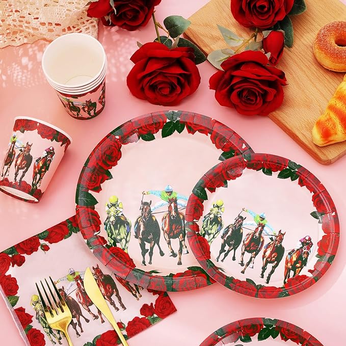 Whaline 96Pcs Derby Day Party Tableware Set with Paper Plates Napkins Cups Horsing Racing Derby Party Disposable Dinnerware Set for Horse Race Party Table Decor