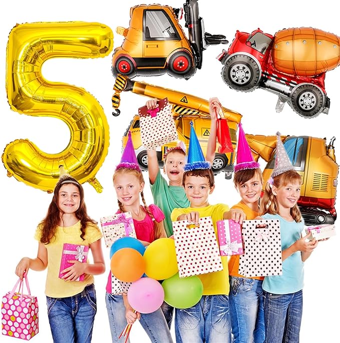 Construction Birthday Party Supplies 5 Year Old, Large Construction Balloons 40Inch Gold Number 5 Balloon Construction Truck Foil Balloons for Boys 5th Construction Birthday Party Decorations