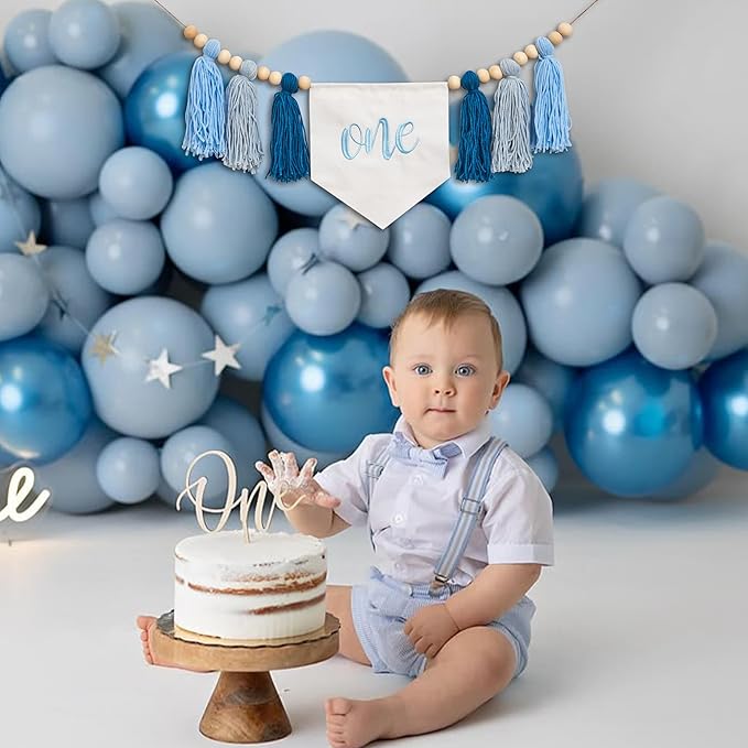 Blue One Tassel High Chair Banner - First Birthday Party Decoration Supplies Garland, Blue Ocean Waves Theme High Chair Tassel Banner, One Sign Birthday Party Backdrop Decoration