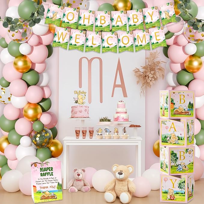 154 PCS Pink Winnie Baby Shower Decorations Kit Vintage Winnie Party Supplies Decorations, All-in-1-Balloon Garland Arch Backdrop, Tablecloth, Cake Topper, Banner, Box Decorations for Girl Baby Shower