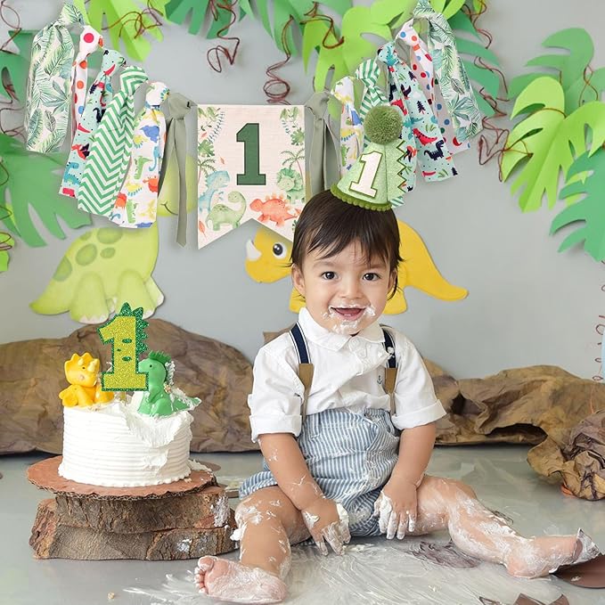 Dinosaur Theme 1st Highchair Banner Tassel Garland Dino Conical Cap Cake Topper Green First Dinosaur Birthday Decorations