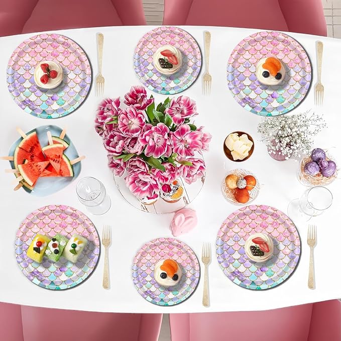 48 Pcs Mermaid Birthday Party Decorations Plates Set for 24 Guests,Little Mermaid Party Supplies Ocean under the Sea Party Tableware Plate for Princess Girls Baby Shower