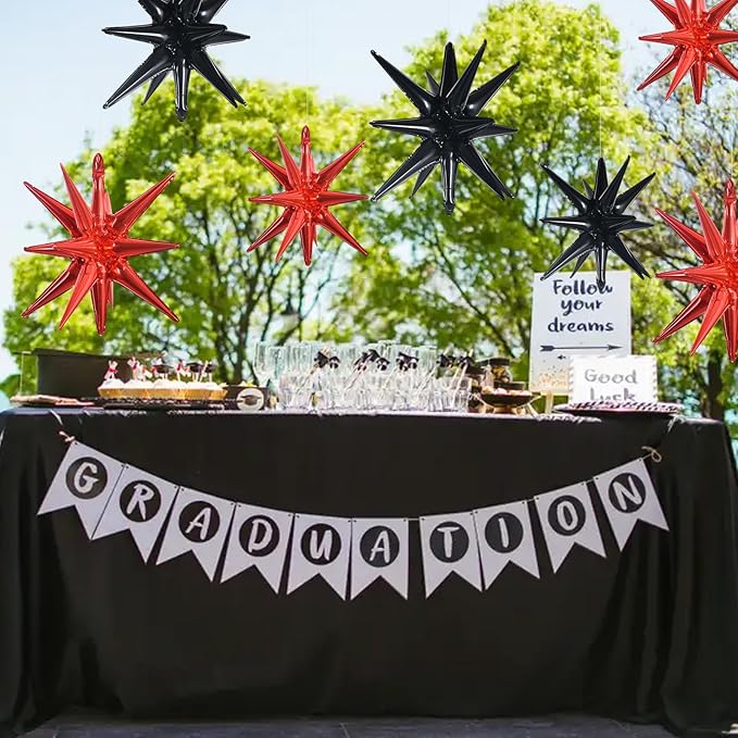 TONIFUL 8 Pcs Black Red Star Foil Balloons Large Explosion Star Mylar Decorations for Party Backdrop Christmas New Year Birthday Wedding Baby Shower Anniversary Photo Booth Supplies