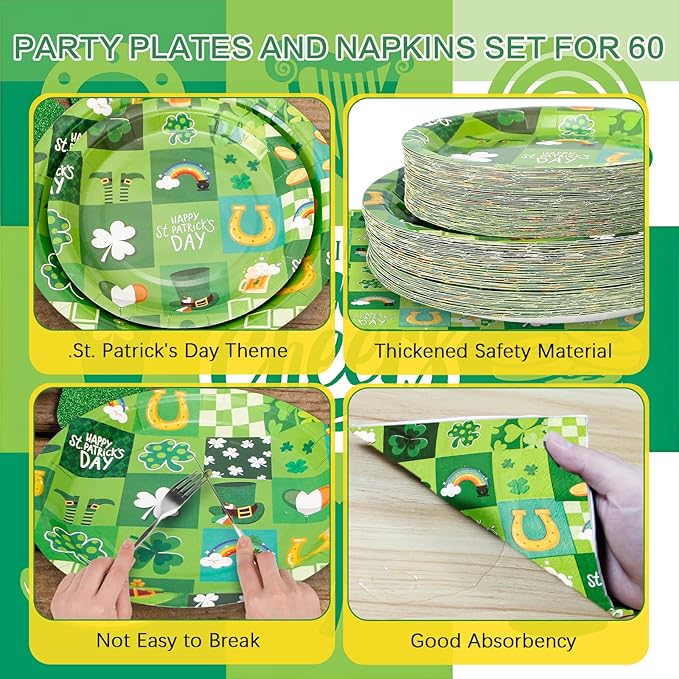 180Pcs St Patricks Day Party Supplies Paper Plates and Napkins Serve 60 Disposable Tableware Set for Birthday Party Decorations Game Day Family Holiday Sports Events